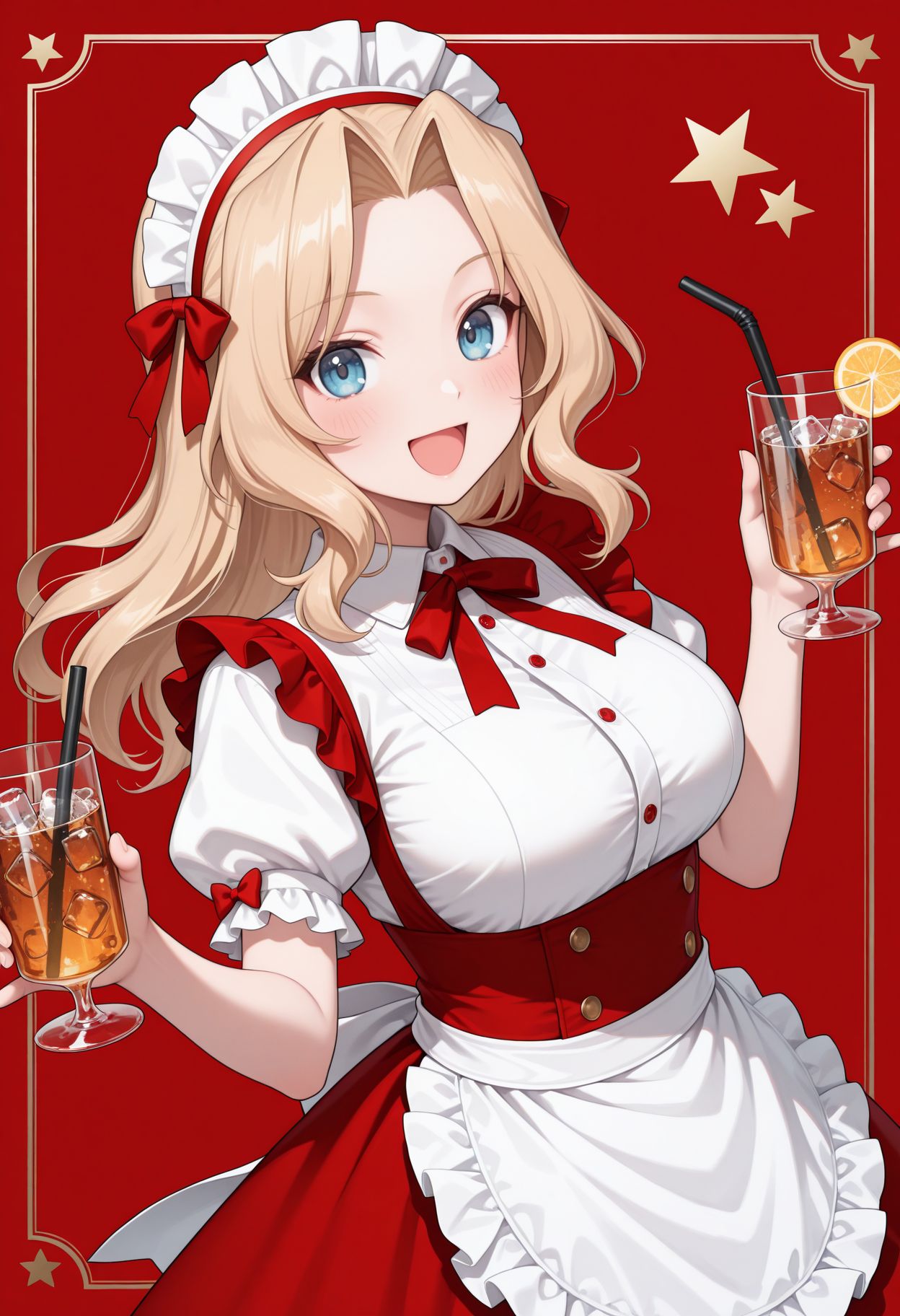 masterpiece,best quality,absurdres,highres,very aesthetic,high quality,detailed,insanely detailed,beautiful, looking at viewer,
 <lora:Kay illu v2 :0.9>
1girl,  blonde hair, red dress, puffy short sleeves, smile, holding cup, white apron, hair intakes, open mouth, puffy sleeves, maid headdress, frills, blue eyes, drinking glass, white shirt, alternate costume, red background, star (symbol), drinking straw, standing, enmaided, neck ribbon, breasts, looking at viewer, blush, waist apron, frilled apron, long hair, maid apron, red bow, ice cube, frilled sleeves, :d