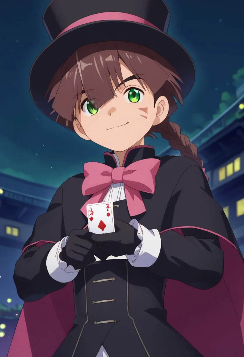 score_9, score_7_up, source_anime
1boy, male focus, solo,
hiro amanokawa, brown hair, green eyes,
braid, hair over one eye, teardrop facial mark, ouji fashion, hat, top hat, black headwear, capelet, bow, pink bow, shirt, white shirt, frills, center frills, corset, detached sleeves, long sleeves, puffy long sleeves, puffy sleeves, gloves, black gloves, smile, card, hold, holding card,
outdoor,