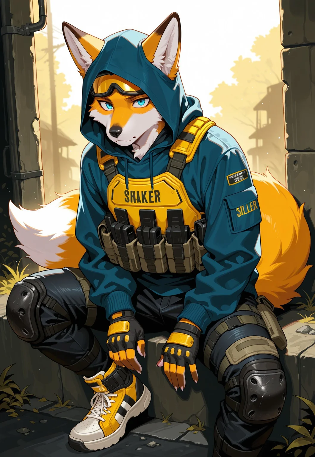 masterpiece,best quality, amazing quality,1boy, solo, fox, Furry fox, fluffy tail, 5 fingers, Fox Blue eyes, black nose, sneakers, black jeans, blue hoodie, tactical body armor, yellow ski goggles on eyes under hood, hood, fingerless gloves, knee pads and shin guards, stalker style.