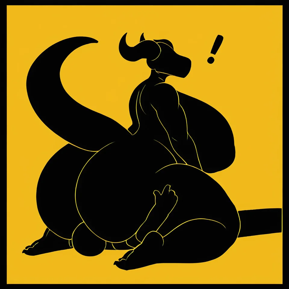 <lora:wrnsignPDXL:1> yellow background, yellow lineart, black body, lineless, flat colors, score_7_up, score_6_up, score_5_up, score_4_up, solo, (side view:1.2), human on anthro, exclamation point BREAK
scalie, anthro, eyeless, horns, huge breasts, thick thighs, big butt, tail, kneeling, facesitting, humanoid, lying
