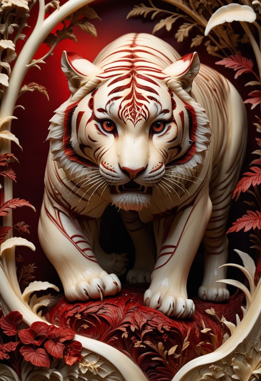 made out of ivory, Photo, close up, no humans, evening with golden hour lighting, professional grade, dark Gothic, Studio lighting. Photo realistic, Natural atmospheric lighting, intricate details, 35mm photograph, film, professional, 32k visuals, highly detailed, elegant, studio quality, tiger made out of ivory, (red:3), jungle.
