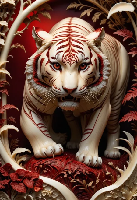 made out of ivory, Photo, close up, no humans, evening with golden hour lighting, professional grade, dark Gothic, Studio lighting. Photo realistic, Natural atmospheric lighting, intricate details, 35mm photograph, film, professional, 32k visuals, highly detailed, elegant, studio quality, tiger made out of ivory, (red:3), jungle.