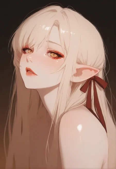 masterpiece,best quality,amazing quality,very aesthetic,absurdres,newest,extreme aesthetic,ryr,vampire,blonde hair,amber eyes,long hair,1girl,yellow eyes,pointy ears,hair ribbon,ribbon,bare shoulders,makeup,lips,<lora:å¿-000008:1>,