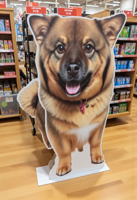 <lora:Cardboard_Cutout_Creator_FLUX-000021:0.9> <lora:Lia_-_My_Dog_F1D_r1:1.2>
The image is a photograph taken in a retail environment, likely a pet food store. The main subject is a large, life-size cardboard cutout of liathedog, standing on a wooden floor.