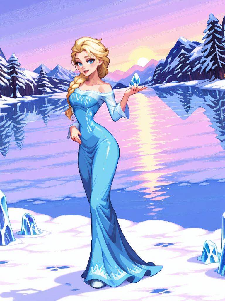 highres, hi res, best quality, masterpiece,,
1girl, medium breasts, narrow waist, wide hips, (ElsaXL:1.1), blonde hair, blue eyes, single braid, hair over shoulder, blue dress, bare shoulders, long sleeves, long skirt,
light smile, dutch angle, sexy pose, looking at viewer, snow, ice rocks, lake, outdoors, daylight, dynamic pose, from side, on hand on open mouth,
 <lora:ElsaXL_Character:0.75><lora:dnfstyle-IL:1> 1girl,solo,dnfstyle,pixel art,full body,,