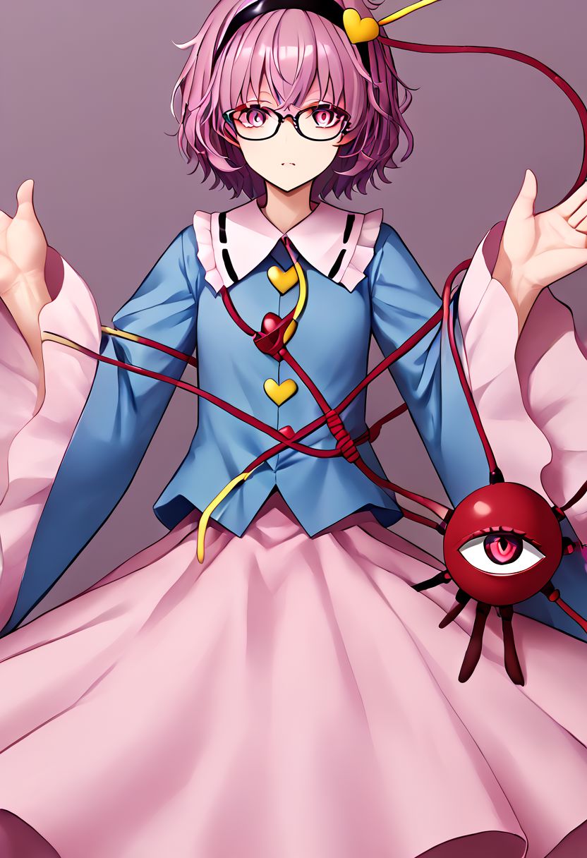 1girl, satori, komeiji_satori, bespectacled, glasses, third_eye, black_hairband, blue_shirt, long_sleeves, frilled_sleeves, wide_sleeves, frilled_shirt_collar, pink_skirt, eyeball, heart_button
masterpiece, best quality, very aesthetic, absurdres,
