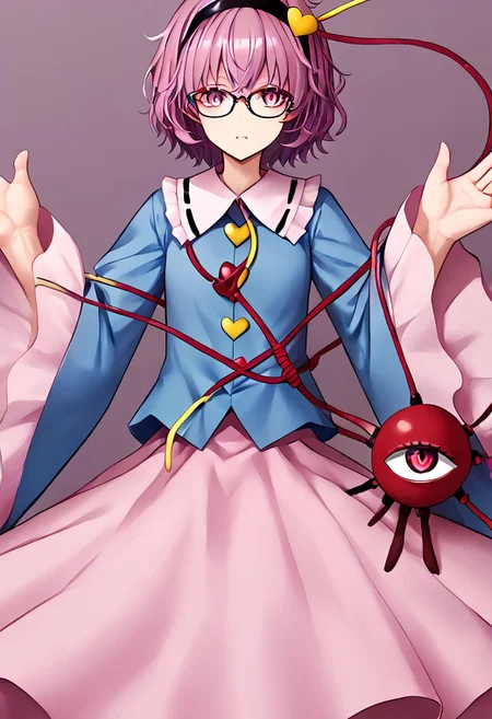 1girl, satori, komeiji_satori, bespectacled, glasses, third_eye, black_hairband, blue_shirt, long_sleeves, frilled_sleeves, wide_sleeves, frilled_shirt_collar, pink_skirt, eyeball, heart_button
masterpiece, best quality, very aesthetic, absurdres,