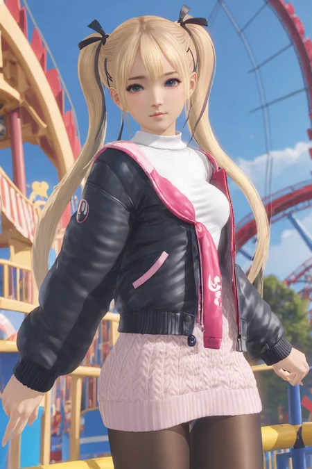 masterpiece, best quality, 1girl, shirt,  blonde hair, twintails,sweater, pantyhose, jacket,  dof, side lighting, (aiming at viewer:1.3), wind lift, amusement park,  <lora:marie_rose1-000008:0.7>