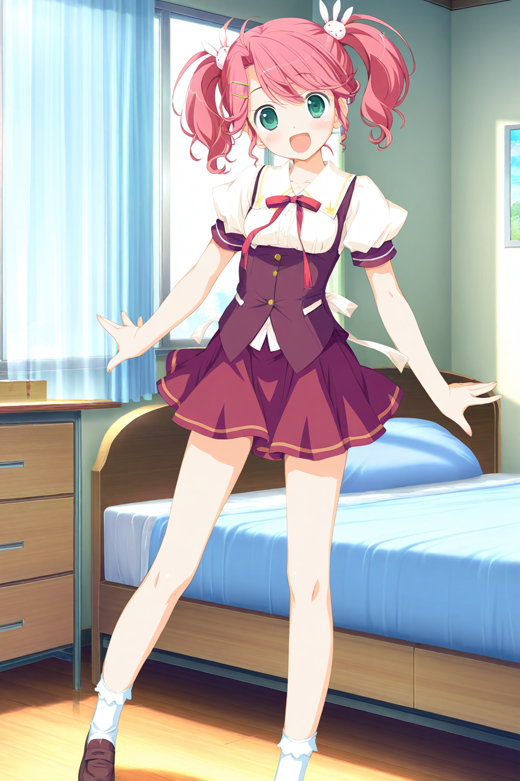 masterpiece,best quality,good quality,rating safe,memorialimouto,kogasaka chinami, 1girl, solo,pink hair, rabbit hair ornament, twintails, hair ornament, green eyes, school uniform,yellow hairclip, short hair,skirt,white socks,game cg,blush,bedroom,standing,looking at viewer, (^o^)／