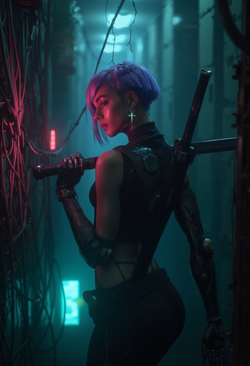 8k wallpaper of a cyborg woman with a short, purple haircut, including a small braid as part of her hairstyle, and a dangling earring in the shape of an inverted cross. She is making her way through a dark, narrow corridor, where thick cables are tangled and draped like jungle vines. Her is holding a glowing katana on its shoulder, Her cyborg cybernetic hand reaches through the cables toward the viewer, illuminated by a soft, neon light that casts shadows on her face and arm. The scene is styled with the dystopian, cyberpunk aesthetic of Blade Runner (1982) and Ghost in the Shell (1995), featuring a mix of gritty realism and futuristic elements. The atmosphere is heavy and tense, with a sense of mystery and technological decay, style of  Benedick Bana, messy, streaks, Maciej Kuciara, 8k photo, cinematic, highly detailed, perfect Composition, realistic photographic image, RAW photo highest quality, perfect directional lighting,
<lora:other/flux_realism_lora:1.0>