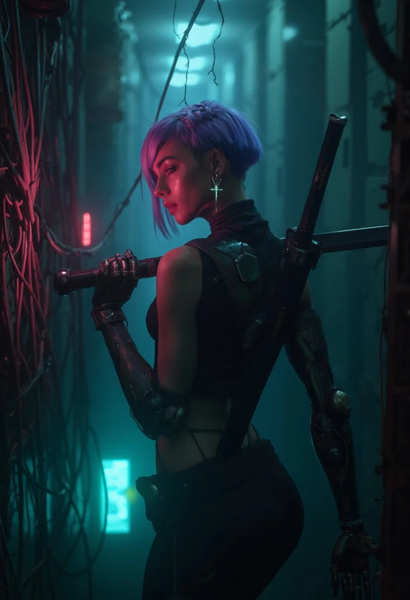8k wallpaper of a cyborg woman with a short, purple haircut, including a small braid as part of her hairstyle, and a dangling earring in the shape of an inverted cross. She is making her way through a dark, narrow corridor, where thick cables are tangled and draped like jungle vines. Her is holding a glowing katana on its shoulder, Her cyborg cybernetic hand reaches through the cables toward the viewer, illuminated by a soft, neon light that casts shadows on her face and arm. The scene is styled with the dystopian, cyberpunk aesthetic of Blade Runner (1982) and Ghost in the Shell (1995), featuring a mix of gritty realism and futuristic elements. The atmosphere is heavy and tense, with a sense of mystery and technological decay, style of Benedick Bana, messy, streaks, Maciej Kuciara, 8k photo, cinematic, highly detailed, perfect Composition, realistic photographic image, RAW photo highest quality, perfect directional lighting,
<lora:other/flux_realism_lora:1.0>