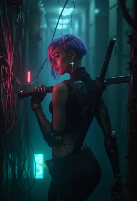 8k wallpaper of a cyborg woman with a short, purple haircut, including a small braid as part of her hairstyle, and a dangling earring in the shape of an inverted cross. She is making her way through a dark, narrow corridor, where thick cables are tangled and draped like jungle vines. Her is holding a glowing katana on its shoulder, Her cyborg cybernetic hand reaches through the cables toward the viewer, illuminated by a soft, neon light that casts shadows on her face and arm. The scene is styled with the dystopian, cyberpunk aesthetic of Blade Runner (1982) and Ghost in the Shell (1995), featuring a mix of gritty realism and futuristic elements. The atmosphere is heavy and tense, with a sense of mystery and technological decay, style of  Benedick Bana, messy, streaks, Maciej Kuciara, 8k photo, cinematic, highly detailed, perfect Composition, realistic photographic image, RAW photo highest quality, perfect directional lighting,
<lora:other/flux_realism_lora:1.0>