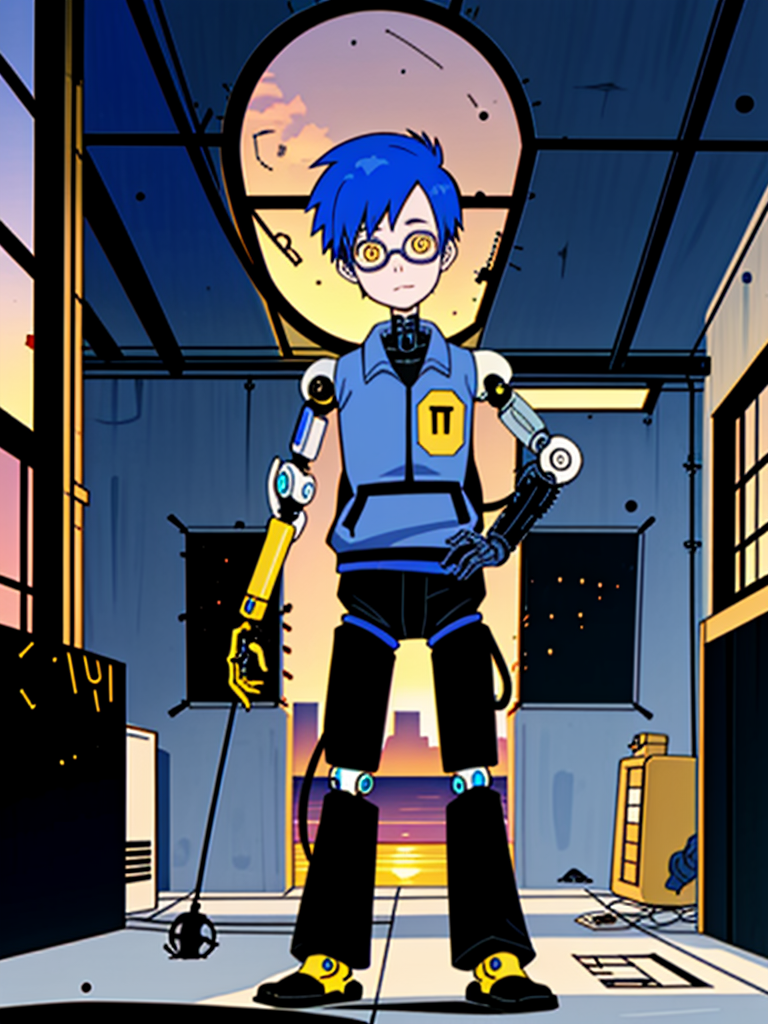 <lora:Kevin_French_-_Mission_Hill_1999_08:0.85> kevin_french, 1boy|robot, short hair, blue hair, glasses, yellow sclera, <lora:l_32:-0.55>, cyborg, machinery parts, junkyard, sunset, <lora:LCM_SD15:1.0>