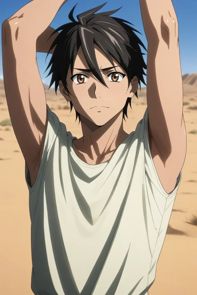 score_9, score_8_up, score_7_up, source_anime, rating_safe, , (realistic:0.6), looking at viewer, , 1boy, solo, male focus, <lora:takashi_komuro_pony:0.8>, takashi_komuro, black hair, brown eyes, short hair, hair between eyes, upper body, sahara desert, day, sunny, arms up, wavy mouth, thief costume, <lora:sdxl_lightning_8step_lora:1>