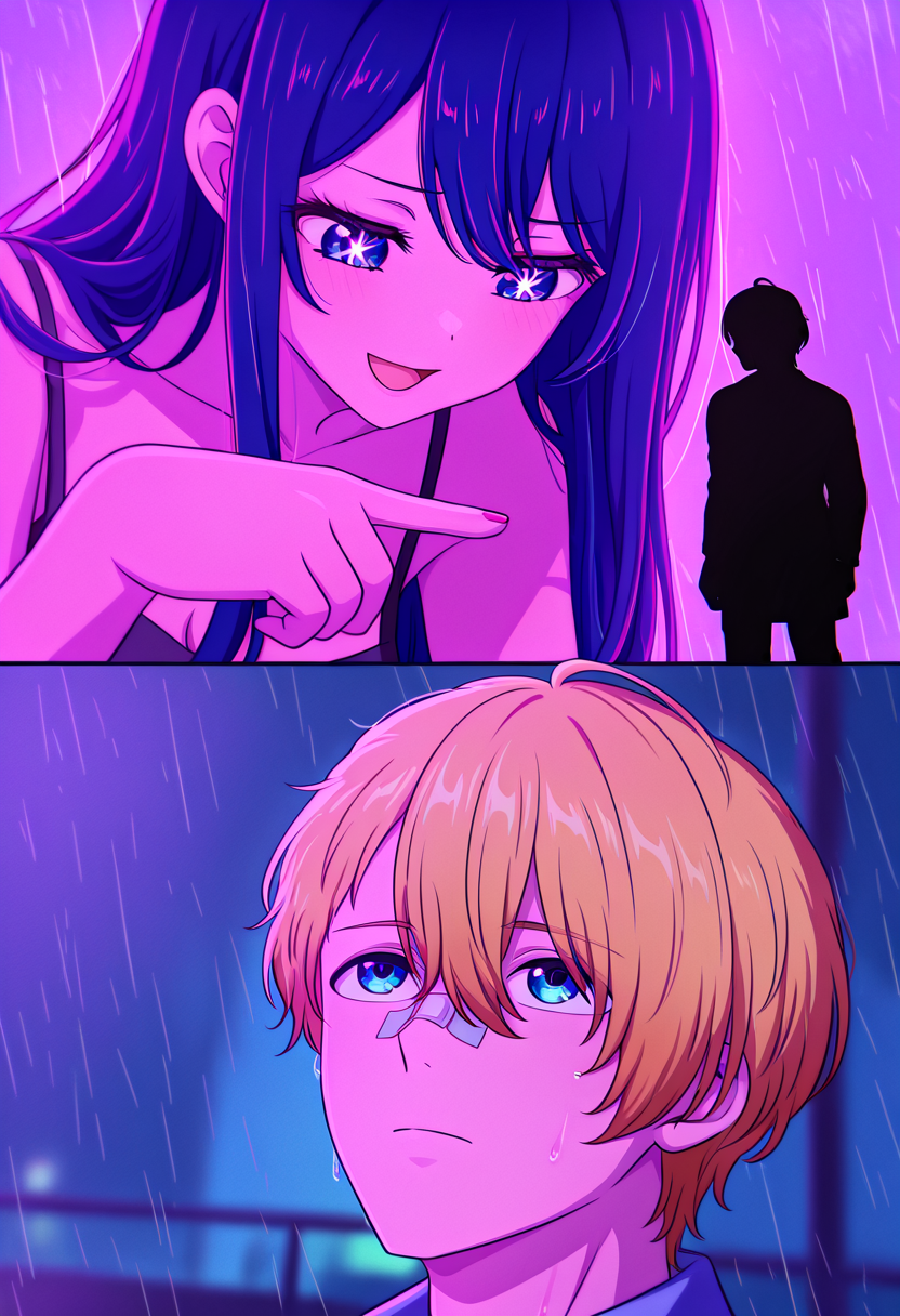 masterpiece, best quality, absurdres, goslingposting_meme, comic, 2koma, scene reference, night, neon palette, rain,
BREAK
1girl, 1boy, (hoshino ai, giantess, looking down, looking at another, upper body, open mouth, pointing at another), (hoshino aquamarine, from behind, silhouette)
BREAK
1boy, hoshino aquamarine, looking up, bandaid, bandaid on nose, closed mouth, blurry background, 
<lora:goslingposting_meme:1>