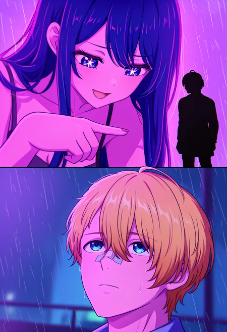masterpiece, best quality, absurdres, goslingposting_meme, comic, 2koma, scene reference, night, neon palette, rain,
BREAK
1girl, 1boy, (hoshino ai, giantess, looking down, looking at another, upper body, open mouth, pointing at another), (hoshino aquamarine, from behind, silhouette)
BREAK
1boy, hoshino aquamarine, looking up, bandaid, bandaid on nose, closed mouth, blurry background,
<lora:goslingposting_meme:1>