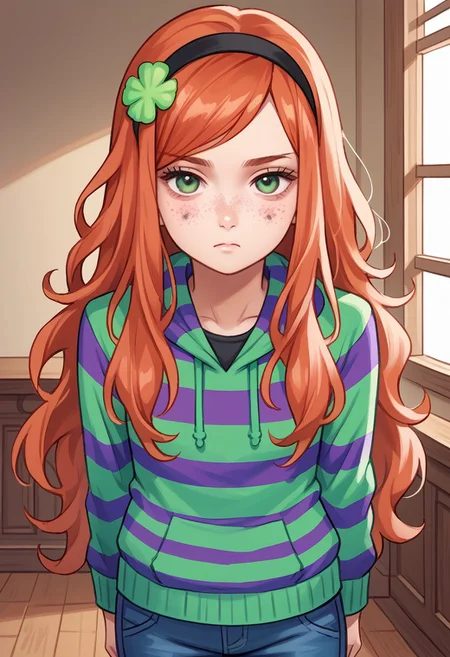 score_8, score_8_up, score_7_up, source_anime, 1girl, solo, female focus, ViviJa, green eyes, red hair, very long hair, messy hair, asymmetrical bangs, parted bangs, sidelocks, freckles, bags under eyes, hairband, four-leaf clover hair ornament,four-leaf clover, black shirt, striped hoodie, green hoodie, purple hoodie, hood down, jeans, blue jeans, cowboy shot, indoors, mansion, haunted house, dark, night, expressionless, (frown:0.25),