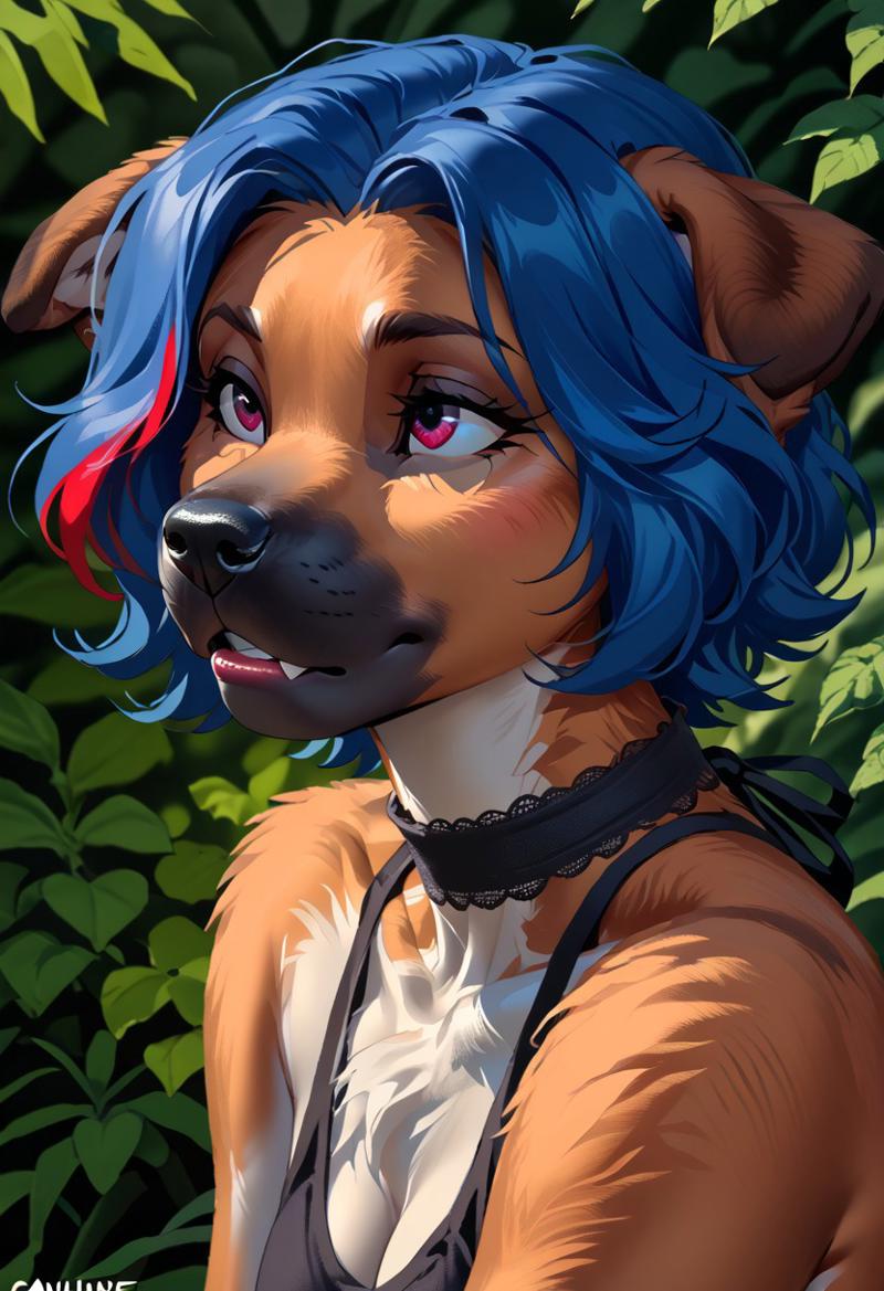 score_9, score_8_up, score_7_up, (by kittydee:1.5), (by jailbird:1.5), (by zummeng:1.5), masterpiece, best quality, 
(Furry Art: Anthro: black mouth cur:1.5), 1girl, expressive eyes, feminine eyes, perfect face, feminine face, cur, dog, canine, floppy ears, black snout fur, brown fur, (multicolored hair), (blue hair with red highlights:1.5), halter top shirt,