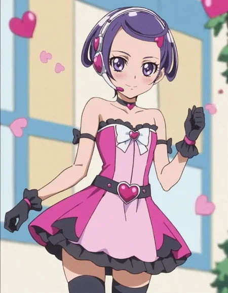score_9, score_8_up, score_7_up, anime screencap, solo,1girl,kenzakimakoto smile, pink dress, black gloves,black belt,white bow headphones, choker, bare shoulders, hair ornament, zettai ryouiki, black thighhighs, strapless, heart, headset,looking at viewer,cowboy shot ,small breasts,blush<lora:kenzakimakoto:0.8>