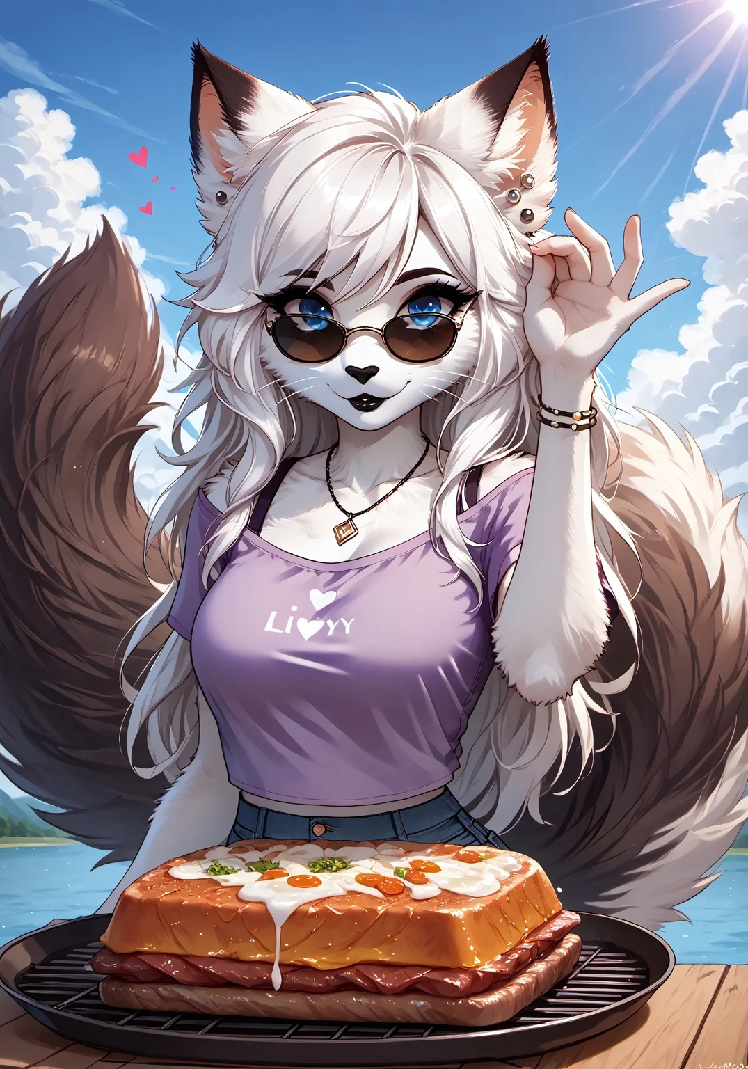 safe_pos, masterpiece, score_9_up, score_8_up, score_7_up, score_6_up, source_furry, (best quality:1.1), ultra-detailed, high resolution, highly detailed macro illustration, (good_hands), white hands, solo BREAK 1girl, Nikita, anthro cat, feline, female, white fur, long white hair, long eyelashes, black eyebrows, black animal nose, whiskers, fluffy ears, fluff in ears, black ear tips, breasts, (fluffy tail), (sly expression, cute face:1.5), :3, (black lipstick:1.3), blue eyes, look at viewer, (purple crop top:1.2), (necklace:1.1), (colorful bracelets:1.2), high shorts, (sunglasses:1.5) BREAK salt bae, salt bae (meme), salt, springkling, meme, cooking, steak, sunglasses, mean, grilling, grill, frying pan, food, hand up BREAK spring, by the lake, afternoon, warm sun rays, hearts in the air, detailed background, (close-up:1.2) BREAK sharp focus, perfect lighting, extremely detailed, high detail, cinematic softness, OverallDetail, zPDXL3