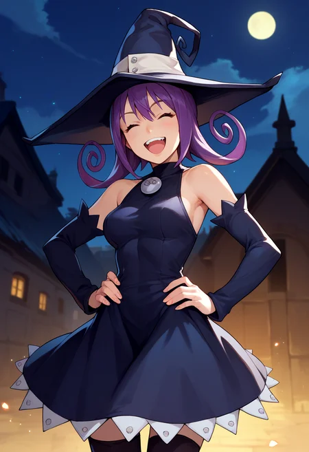 score_9, score_8_up, score_7_up, source_anime, solo, 1girl, seblair, laughing, upper teeth only, hands on hips, witch hat, closed eyes, black dress, detached sleeves, black thighhighs, night, outdoors <lora:souleater_blair_ponyXL:1>