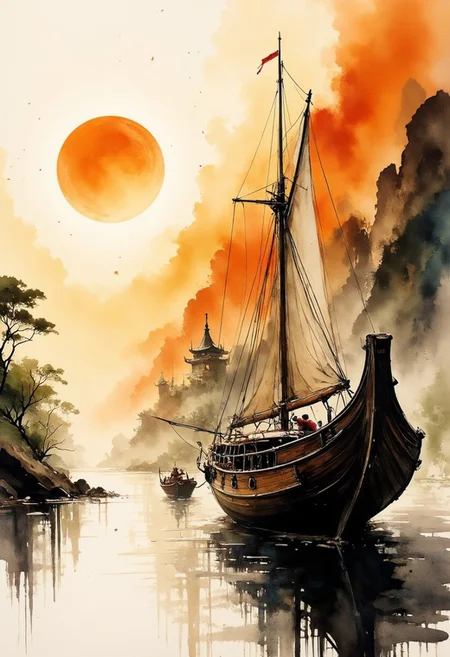 A dinkfsn style ink wash painting, intricate linework with expressive contrasts, inksketch of a Chinese Junk sailing into a south-east asian medieval harbour, sunset