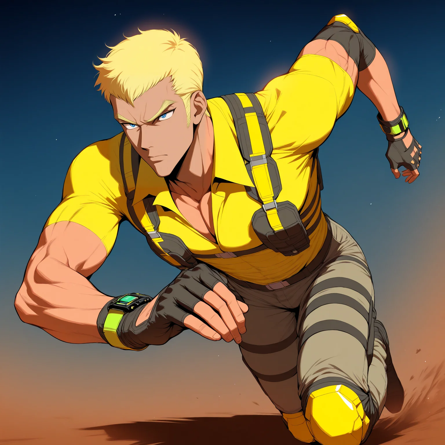 <lora:Sawyer_Tomura:1>,morris shoemaker,1boy,male focus,solo,gloves,knee pads,fingerless gloves,running,harness,chest harness,shirt,grey pants,wristwatch,yellow harness shirt,masterpiece,high score,great score,absurdres,
