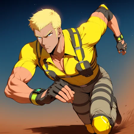 <lora:Sawyer_Tomura:1>,morris shoemaker,1boy,male focus,solo,gloves,knee pads,fingerless gloves,running,harness,chest harness,shirt,grey pants,wristwatch,yellow harness shirt,masterpiece,high score,great score,absurdres,