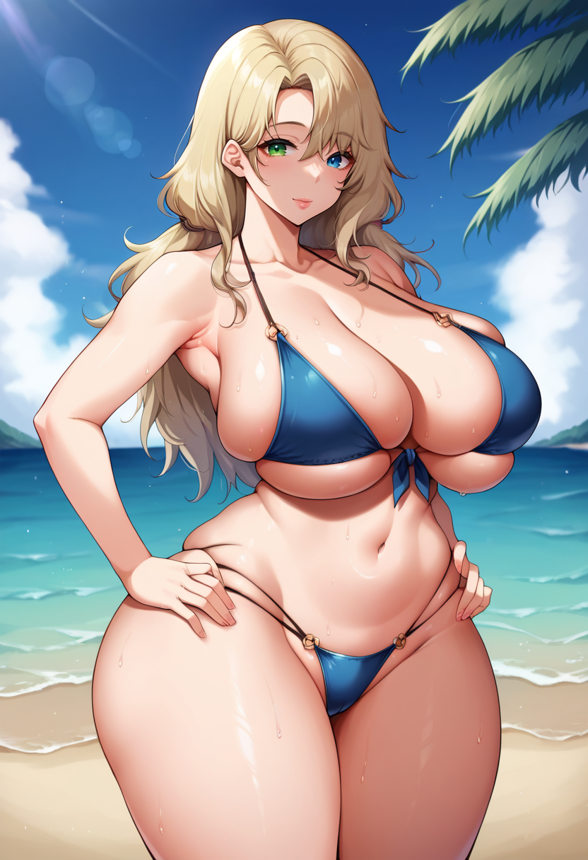 score_9,  score_7_up, source_anime, 1girl,brown hair, green eyes, heterochromia, blue eyes, blonde hair, bikini, skindentation, undersized bikini, undersized clothes (huge breasts), huge thighs, huge hips, hands on hips, outdoors, beach, shiny skin,    mature girl, mature female <lora:Mojarin-Style-PonyXL-Dora-000045:1>