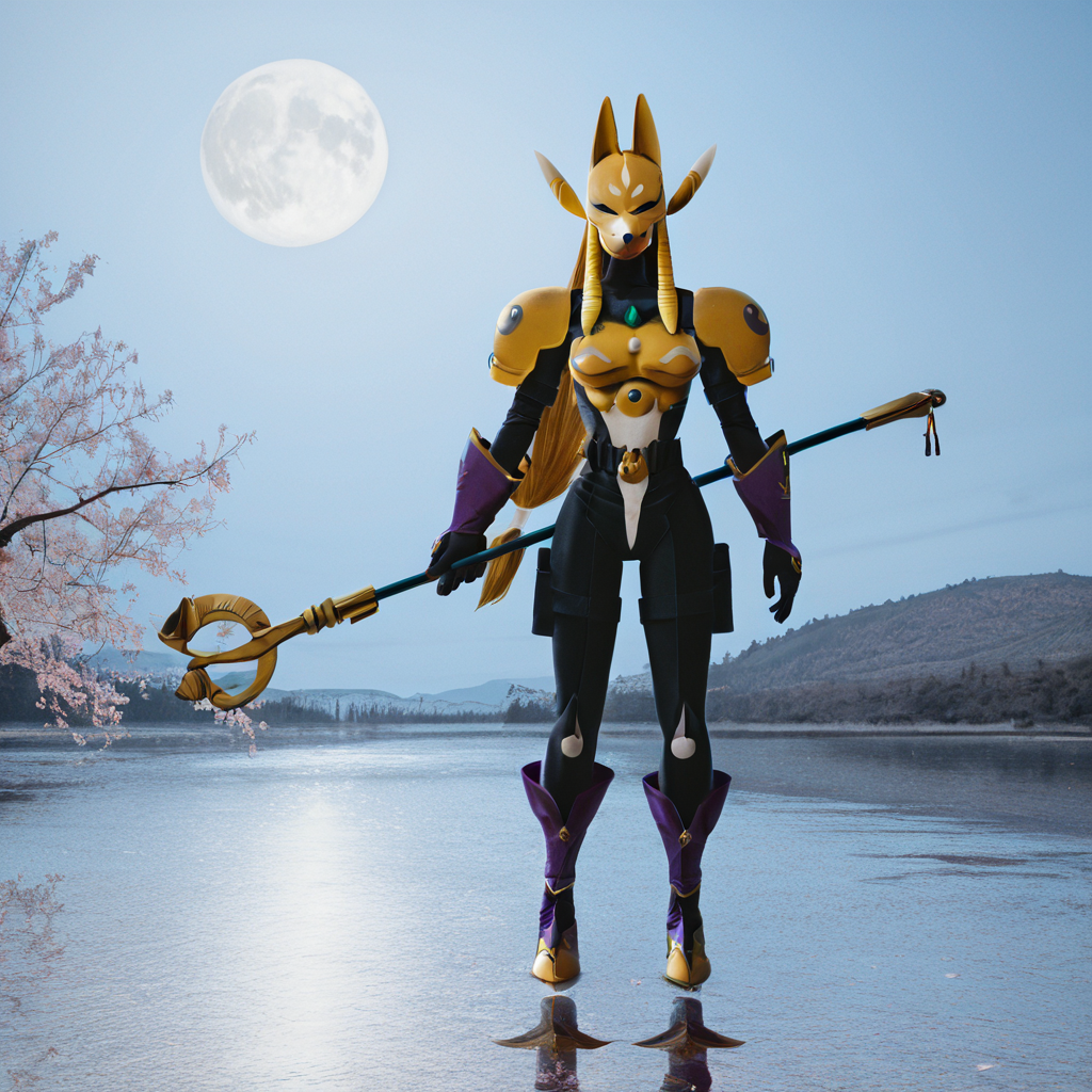 sfw, masterpiece, best quality,absurderes,photo,realistic,cinematic,source_photo,DLSR,full body,1girl,solo,sakuyamon, mask,holding staff,cherry blossoms,full moon,lake,moonlight, <lora:Reallustrious_Beta:1>