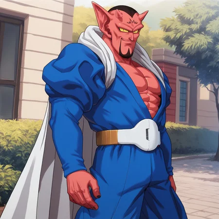 score_9, score_8_up, score_7_up, source_anime, daburadb, 1boy, solo, red skin, yellow sclera, horns, pointy ears, facial hair, blue shirt, blue pants, belt, cape, looking at viewer, muscular, BREAK, outdoors
