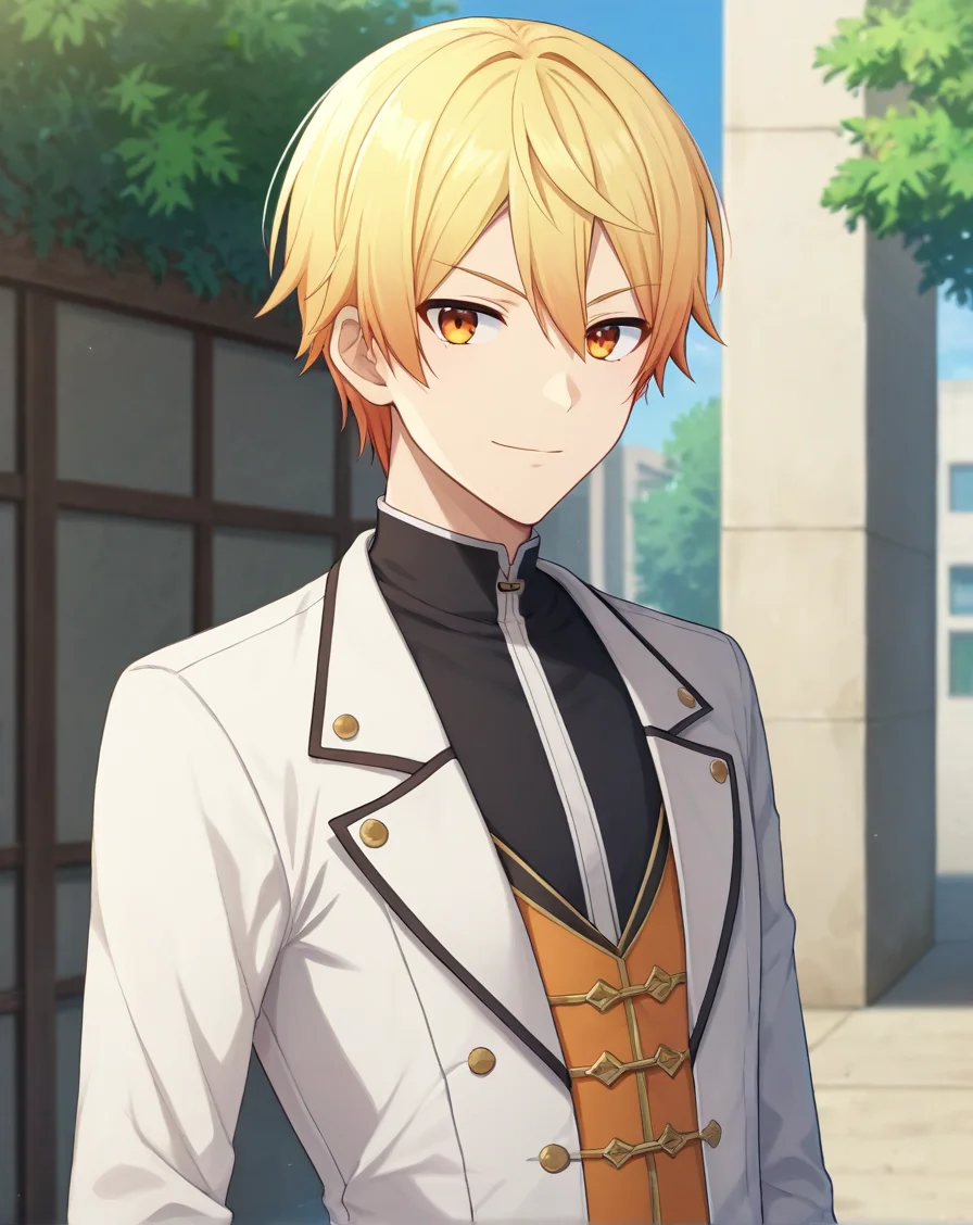 score_9, score_8_up, original style, depth of field, BREAK, rating_safe, 1boy, solo, male focus, cowboy shot, <lora:tenma_tsukasa_pony:1> tenma_tsukasa_pony, blonde hair, orange eyes, short hair, hair between eyes, bangs, skinny, outdoors, day, <lora:sdxl_lightning_8step_lora:1> <lora:xl_more_art-full_v1:0.5>