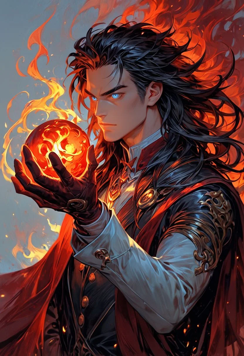 score_9, score_8_up, score_7_up, 5_fingers, 1boy, long hair, detailed eyes, blue eyes, clear eyes, solo, black hair, holding a fire ball, holding a fireball, gloves, magician's robe, red theme, fire aura, perfect anatomy, approaching perfection, dynamic, highly detailed, smooth, sharp focus, art by Carne Griffiths and Wadim Kashin, trending on artstation, sharp focus, intricate details, highly detailed, by greg rutkowski, mysterious, epic, cinematic, digital art, 4k, detailed hands