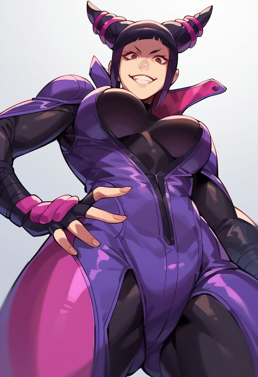score_9, score_8_up, score_7_up, 1girl, solo, jur1 h4n, black hair, hair horns, gloves, fingerless gloves, bodysuit, purple bodysuit, bikesuit, looking at viewer, smile, large breasts, low angle shot, cowboy shot