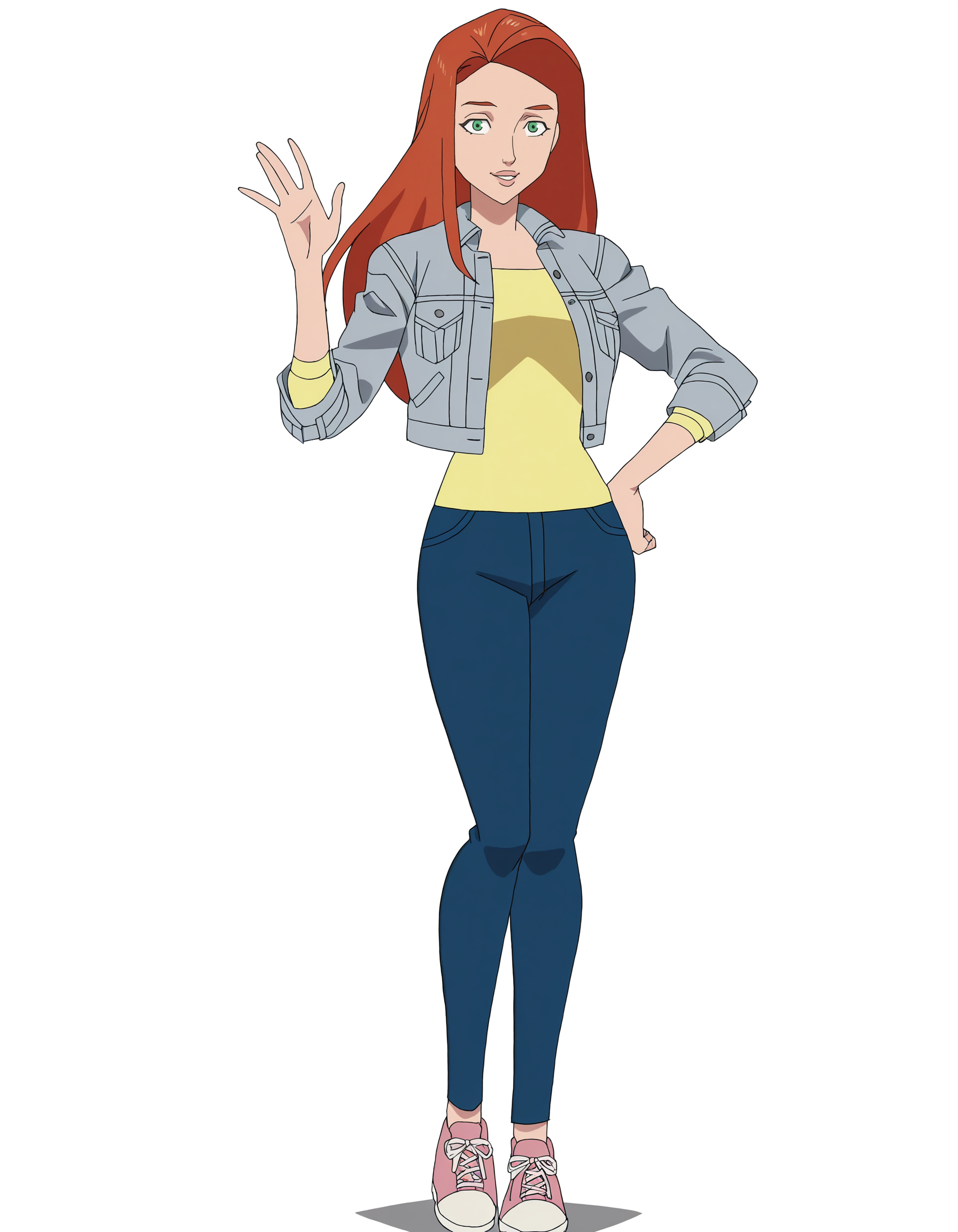 full body, solo, perfect composition, shadows, shading, <lora:anime_screencap-Illustrious:0.5> anime screencap, anime coloring, very aesthetic, absurdres, zPDXL, <lora:Pony_DetailV2.0:0.5> <lora:illustrious_quality_modifiers_masterpieces_v1:1>
<lora:2t0m3v3:1> 2t0m3v3, 1girl, long hair, female focus, looking at viewer, smile, defined lips, dynamic pose, waving, hand on hip,
casual_attire, grey jacket, sleeves rolled up, yellow shirt, cropped jacket, jeans, sneakers
(white background:1.2),