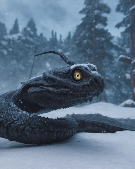 pftg,giant snake,snowing,cinematic,50nm dof,bokeh,realistic,sharp focus,ultra detailed,128k uhd,awardwinning,trending on artstation,hyperdetailed photography, <lora:Colossus:0.8>