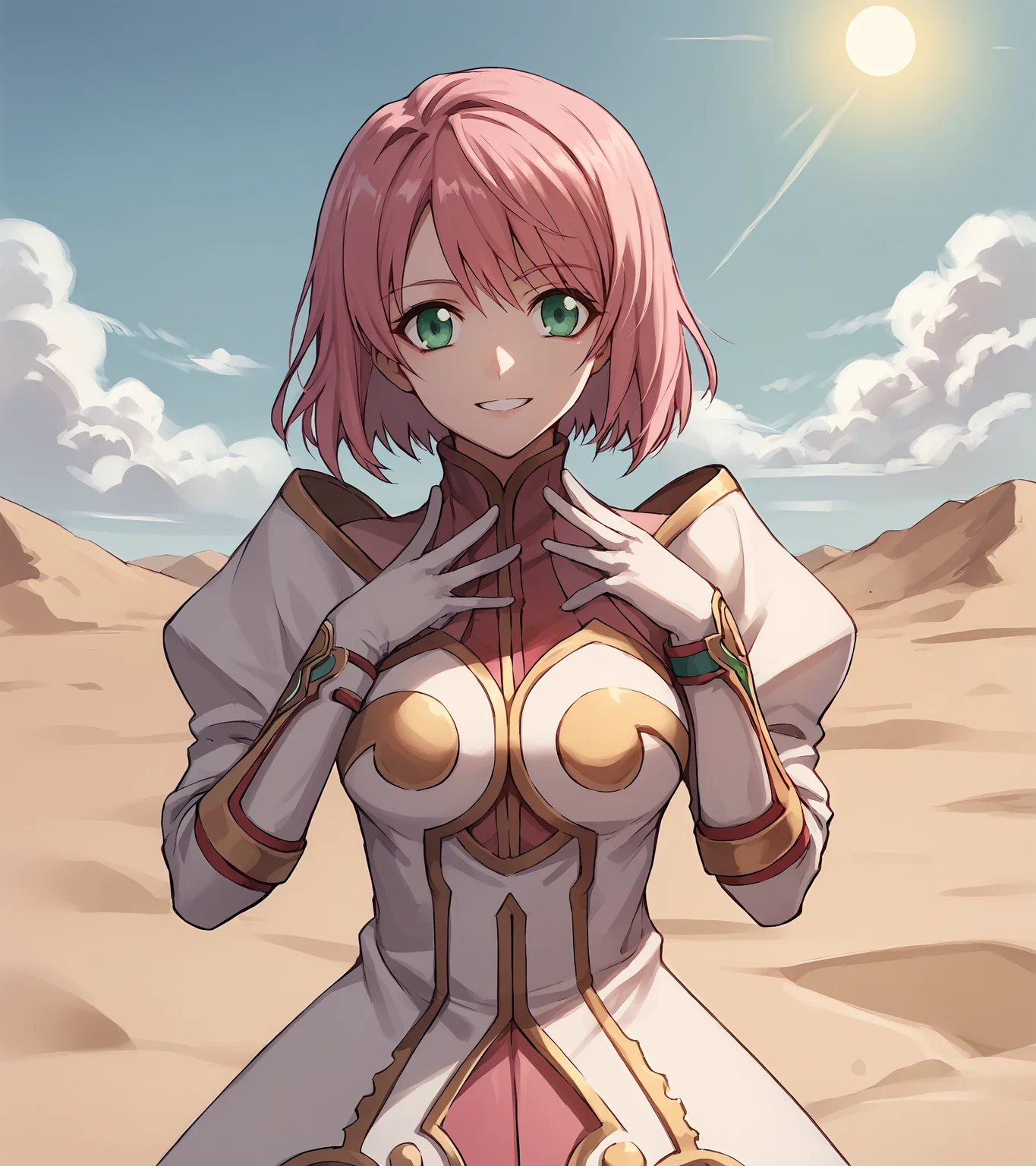 score_9, score_8_up, score_7_up, score_6_up, score_5_up, score_4_up, BREAK source_anime,
1girl, solo, <lora:EstelliseSidosHeurassein:1> , Estellise Sidos Heurassein, pink hair, short hair, green eyes, medium breasts,
ornate dress, high collar, white gloves, long pink skirt, black pantyhose, white boots,
desert, sand dunes, sun, sky, distant oasis,
looking at viewer, smile, upper body, portrait,
<lora:gorani:1>,