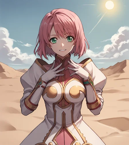 score_9, score_8_up, score_7_up, score_6_up, score_5_up, score_4_up, BREAK source_anime,
1girl, solo, <lora:EstelliseSidosHeurassein:1> , Estellise Sidos Heurassein, pink hair, short hair, green eyes, medium breasts,
ornate dress, high collar, white gloves, long pink skirt, black pantyhose, white boots,
desert, sand dunes, sun, sky, distant oasis,
looking at viewer, smile, upper body, portrait,
<lora:gorani:1>,