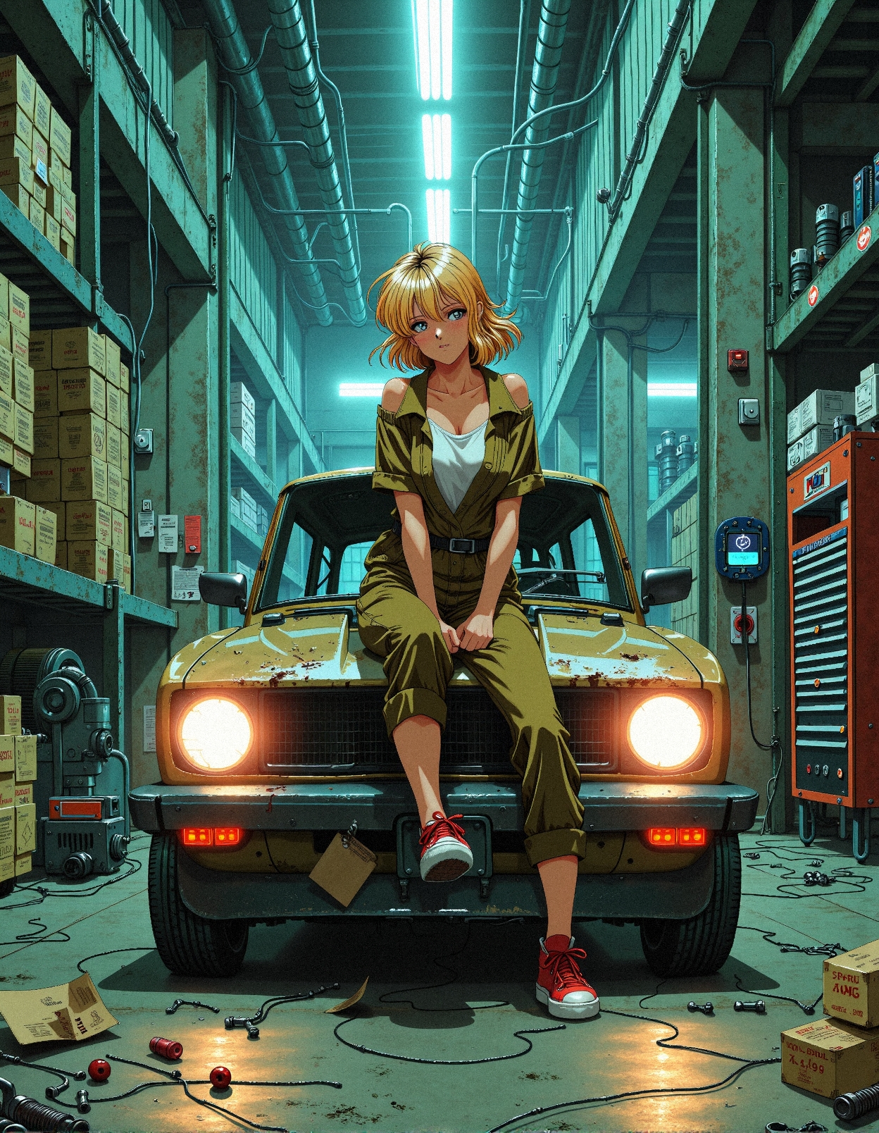 modernretroanime
A breathtaking anime-style illustration featuring a young, weary mechanic girl sitting atop the hood of an old, partially disassembled car, surrounded by the intricate chaos of a sprawling, dystopian auto workshop. Her delicate blonde hair is slightly windswept, framing her thoughtful expression as she idly kicks her legs over the edge, lost in contemplation. She wears a faded olive-green mechanic's uniform, the sleeves pushed up to her elbows, revealing toned arms lightly smudged with grease. A loose-fitting white tank top peeks out from beneath the unbuttoned jumpsuit, and her red sneakers, scuffed and well-worn, rest atop a mess of exposed cables and rusted metal plates. The garage is a labyrinth of machinery, tangled wires, and blinking control panels, every object meticulously detailed with signs of age and wear. Flickering neon lights cast a deep cyan glow over the environment, reflecting off oil-stained concrete floors covered in bolts, diagnostic screens, and mechanical blueprints strewn about haphazardly. The surrounding walls, lined with storage racks stacked high with dusty spare parts, display pinned schematics and old technical manuals, some of which bear cryptic, faded text and red ink annotations. Above, thick industrial pipes and a tangled web of electrical conduits stretch across the steel-plated ceiling, humming faintly as they distribute energy to the flickering lights. The atmosphere is rich with storytelling, evoking a world where the past and future collide in a symphony of metal, grit, and quiet determination.
 <lora:FluxDFaeTasticDetails:0.3> <lora:Modern-Retro_Anime-FLUX:0.8>