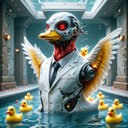 Duck cyborg, red feather wings,DuckiferXL, ais-rbts, green head, happy, cute,cybernetic corruption
