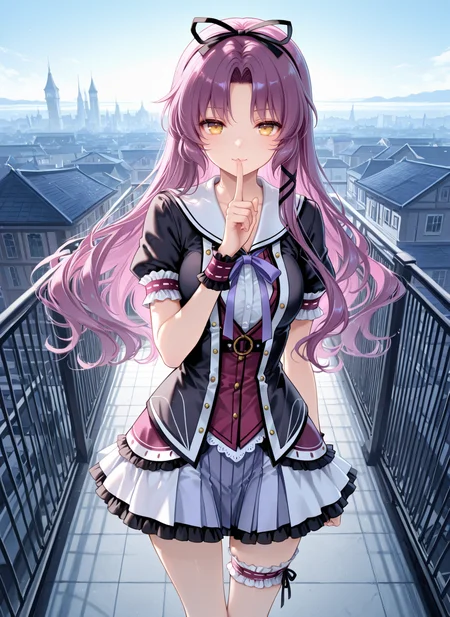 masterpiece,best quality,newest,absurdres,highres,soft shadows,year2024,mutou kurihito,(kimishima ao:0.7),(hiten \(hitenkei\):0.4),(sheya:0.4),
<lora:renne3in1XLNAI:1>,renne (\sen\),sen no kiseki,1girl,purple hair,yellow eyes,long hair,black ribbon,hair ribbon,puffy short sleeves,white sailor collar,purple bowtie,frilled skirt,ribbon,frills,microskirt,wrist cuffs,purple bow,pleated skirt,bridal garter,cross-laced footwear,
standing,outdoors,rooftop,scythe,shushing,