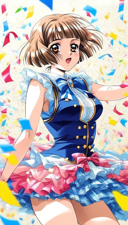 score_9, score_8_up, score_7_up, source_anime, rating_explicit, BREAK <lora:Tsuzuki_Kozue_XL:1>Tsuzuki_Kozue, brown hair, short hair, brown eyes, blunt bangs, medium breasts,
idol, idol costume, live stage, confetti1 girl, confetti,
day, school,