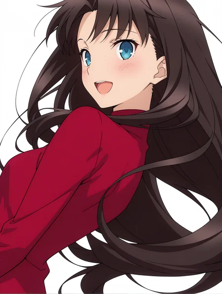 masterpiece,best quality,newest,1girl,solo,
anime screencap,<lora:T_Rin_ilxlv1.3:1>,t_rin,black hair,blue eyes,r_clothes,turtleneck,long sleeves,red shirt,
<lora:Fixhands_anime_bdsqlsz_V1:1>,open mouth,:d,blush,simple background,white background,looking_at_viewer,looking_back,from behind,from_back,upper_body,hair down,cowboy_shot,wide_shot,