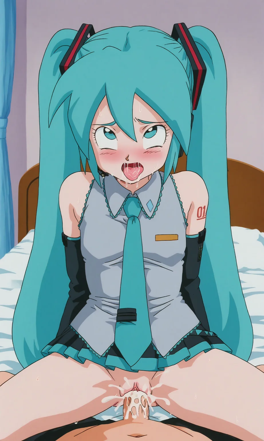 masterpiece, best quality, high resolution, absurdres, 1girl, dbstyle, miku_hatsune, clothed_sex, pussy, orgasm, orgasm_face, creampie, cum, ahegao, saliva, indoors, on_bed, 1boy, pov, penis