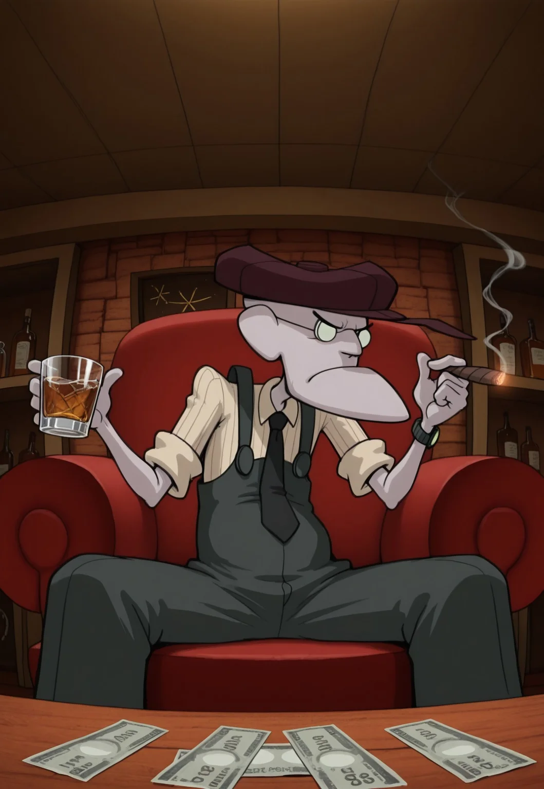 Masterpiece, highest quality, highres, 8k, newest, source_cartoon, IllusP0s, Eustace, Bagge, fedora, black three piece suit, red and white striped button up shirt, black tie, fancy watch, dollar bills, sitting, grumpy expression, smoking cigar, glass of whiskey, bar background, detailed background,