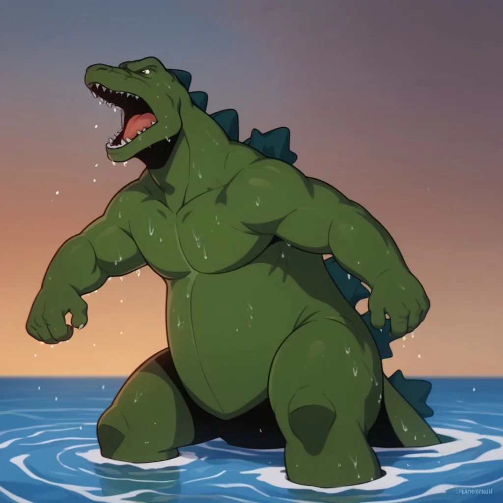 score_9, score_8_up, score_7_up, score_6_up, score_5_up, score_4_up, source_furry, godzilla78, feral, male, godzilla, green skin, wading, in ocean, wet, roaring,