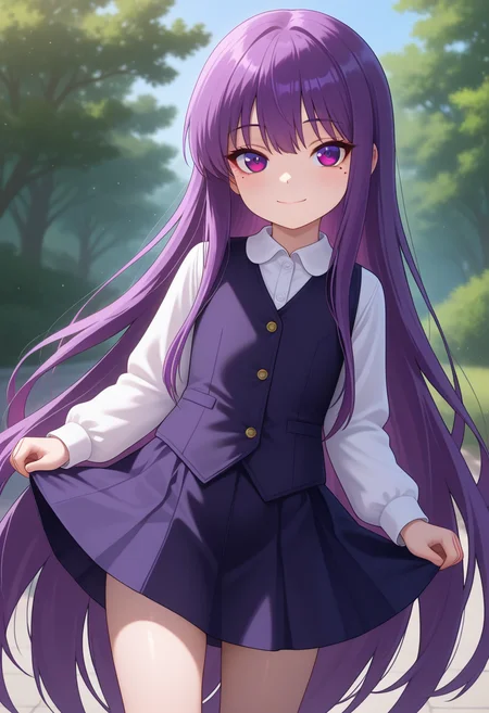 masterpiece, best quality, amazing quality, 1girl, solo, cowboy shot, fujikoww, purple eyes, purple hair, long hair, very long hair, mole under eye, aged down, short stature, big eyes, flat chest, white shirt, vest, long sleeves, skirt, looking at viewer, smile, outdoors, day, skindentation, detailed clothing folds, depth of field, sharp, high contrast, dynamic light <lora:Etou_Fujiko_Ichiban_Ushiro_no_Daimaou_ill_v11:0.9>
