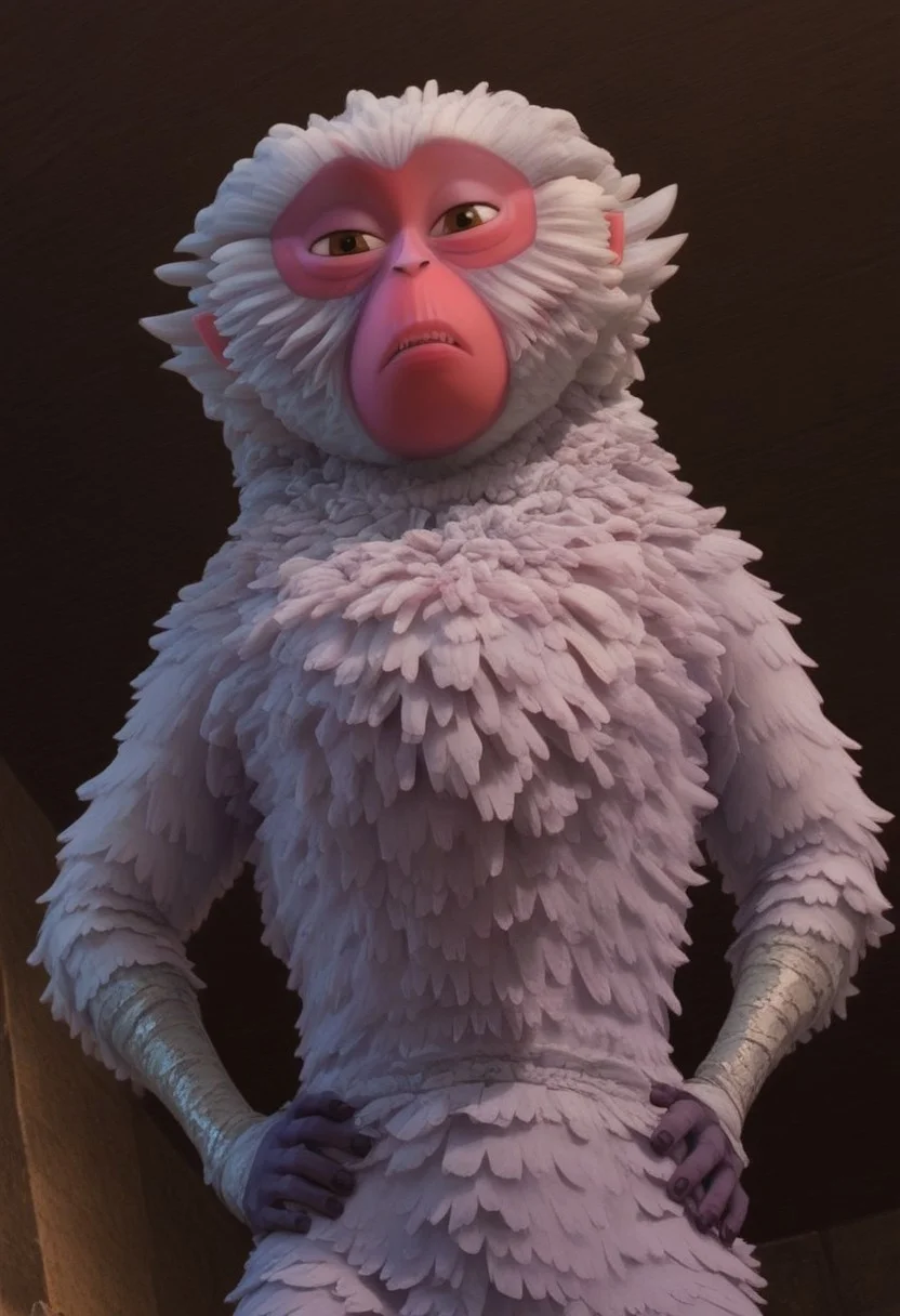 1girl, furry, female japanese macaque, ape, primate girl, anthro, white fur, dark pink skin, pink ears, brown eyes, grey hands, grey feet, Expressiveh, realistic, 3d, score_8_up, score_7_up, BREAK, 1girl, solo, looking at viewer, cute, from below, hands on hips, head tilt, female focus, looking at viewer, detailed background, 4k, masterpiece, best quality, highly detailed, realistic, low-angle shot