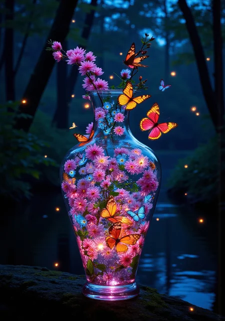 kai,FluxDFaeTasticDetails, dynamic splashes, bright colors, high contrast, dark background, vivid lighting, A beautiful transparent vase made out of glass , acting like a greenhouse, with cherry blossoms and butterly, in a forest by the lake, light painting in the background,fireflies,faeries,bokeh,depth of field,