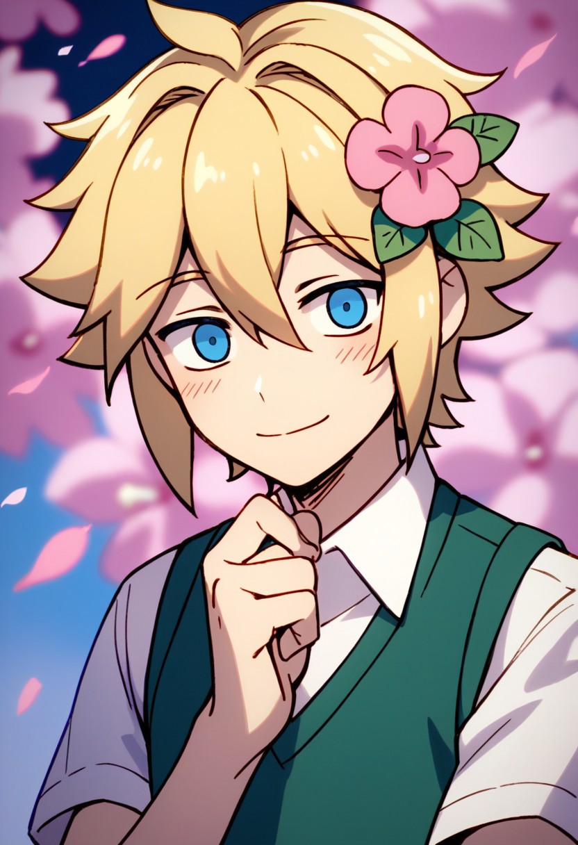 score_9,score_8_up,score_7_up,source_anime, BASIL (real world),solo,looking at viewer,blush,smile,short hair,blue eyes,shirt,blonde hair,hair ornament,1boy,hair between eyes,closed mouth,white shirt,upper body,male focus,flower,short sleeves,collared shirt,hair flower,vest,pink flower,sweater vest